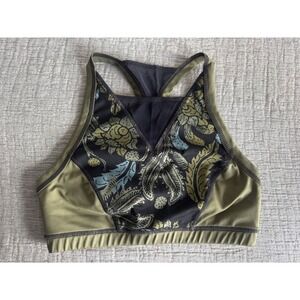 Free People FP Movement Floral Paisley High Neck Sports Bra Olive Green S
